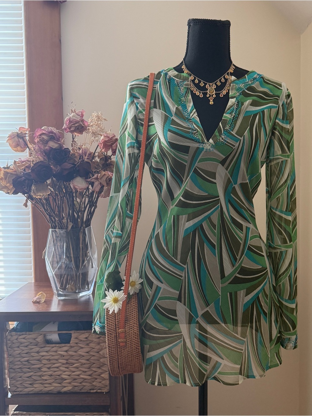 Y2K Euro Summer Abstract Beaded Mini Dress Cover up/Sheer Top | Sz. US 6/UK 10